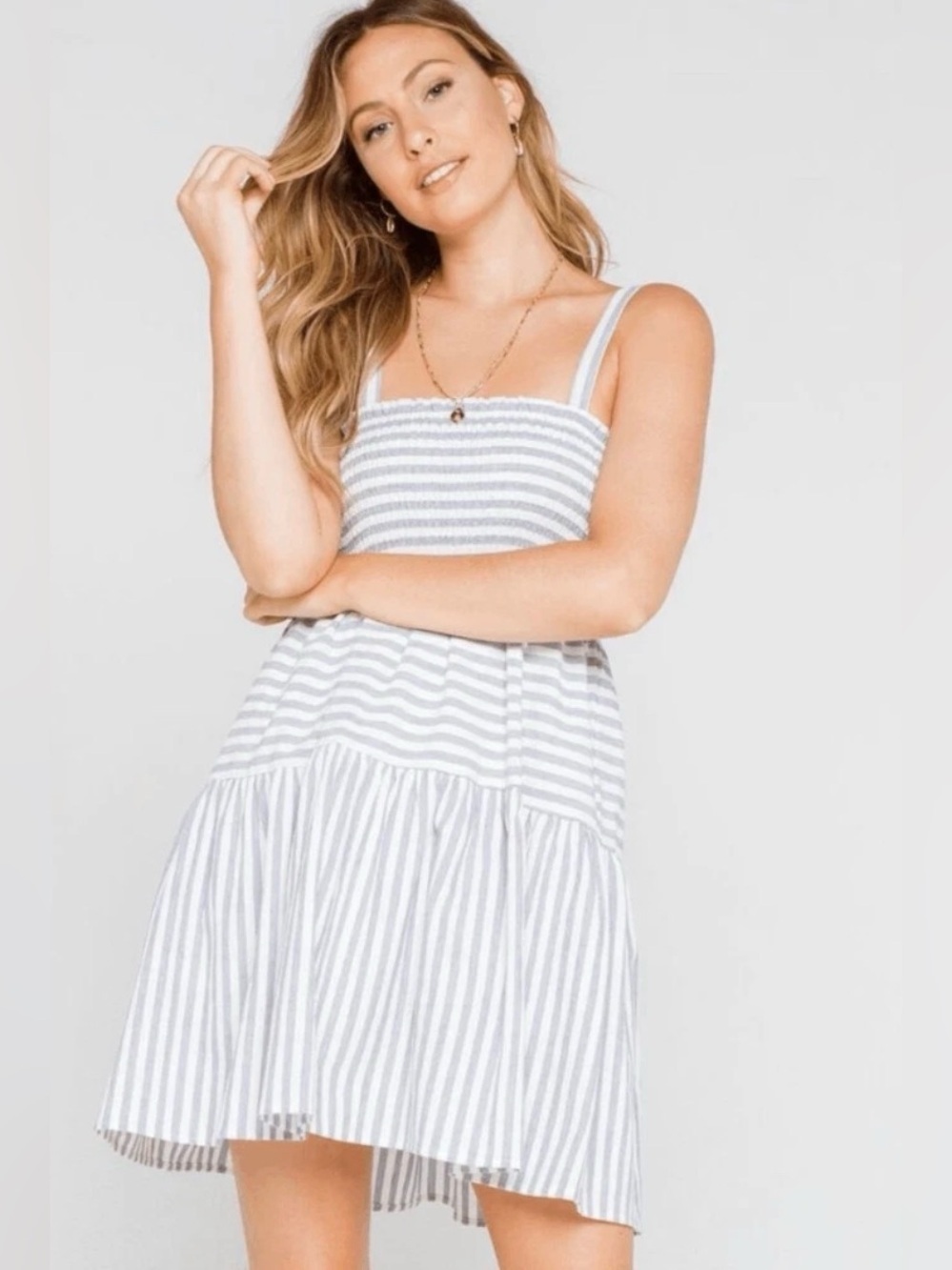 Urban Outfitters Lumiere Blue Striped Linen Babydoll Tiered Mini Dress Medium